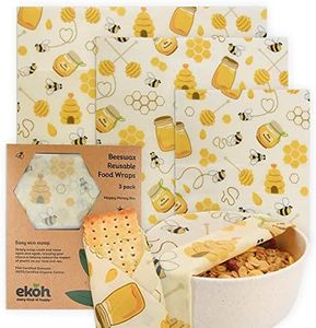 EKOH Reusable Beeswax Wraps (3 Packs) Retro Pattern | Beeswax Wrap for Food | Bees Wax | Reusable Sandwich Wrap | Sustainable Gifts | Vegan Beewax Wrapping (Honey Bee 3 Pack)