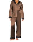 Ekouaer Silk Satin Pajamas Long Sleeve Button Up Pjs 2 Piece Lounge Sets Pj Sets for Women Brown M