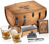 Whiskey Stones Gift Set For Men In Whiskey Half Barrel Gift Box | 8 Whiskey Rocks, 2 Whiskey Glasses in a Whiskey Box Gift Set | Granite Bourbon Stones | Whiskey Kit For Men: Dad, Husband, Boyfriend