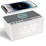 ANJANK Wireless Charging Alarm Clock,Bedside Wooden FM Radio,10W Super Fast Charger Station for Iphone/Samsung/Other Smart phone,USB Port,Mains Powered,5 Level Digital Dimmable Led Display