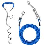 Dog Tie Out Cable and Stake, 15FT Dog Runner Cable with Dog Yard Stake, Long Dog Chains for Outside with Spring, Dog Lead Take with Long Yard Leash, Tie Out Tether for Medium Large Dogs Camping