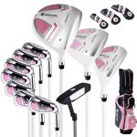 Tangkula 12 Pieces Women’s Complete Golf Club Set Right Hand, Golf Club Package Set with 460CC #1 Driver & #3 Fairway & #5 Hybrid & #5/#6/#7/#8/#9/#P/#S Irons, Putter, Portable Golf Cart Bag (Pink)