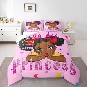 Erosebridal Kawaii Black Girls Bedding Set Full Cute Princess Full Comforter for Girls, Rainbow Stars Duvet Insert Girly Pastel Pink Quilt Set, American African Girl Bedding Comforters & Sets