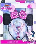 Disney Classic Junior Minnie Mouse Ears with Pink & White Polka Dot Bow + A Jewelry Set - 4pc Disney World Accessory Set- Pink Necklace - Pink Bracelet - Minnie Ring - Gift-able Box Birthday Supplies,