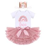 Boho Rainbow Second Birthday Outfit for Baby Girl Two Years Old Party Cake Smash Photo Shooting Cotton Short Sleeve Romper Bodysuit Princess Tutu Tulle Skirt Crown Hat 3pcs Set Dusty Pink 2 Years