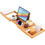 ADOV Bath Tray, Extendable Luxury Home Spa Natural Bamboo Wood Bathtub Shelf Board with Built-in Holder for Book iPad Tablet Phone Glass Candle, Adjustable Bath Caddy Bridge Fits Most Bathtub Sizes