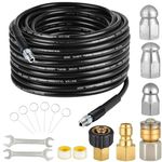 100FT Sewer Jetter Kit for Pressure Washer with 1/4 Inch NPT Corner, 5800PSI Drain Cleaning Hose, Button Nose and Rotating Sewer Jetting Nozzle, with 2 Waterproof Tape, 2 Spanners and 7 Pins.