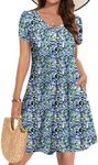 Zeagoo Womens Dress Boho Swing Dresses for Plus Size 2025 Blue Florals Sundress Pleated V-Neck Short Sleeved Dress T Shirt Dress for Teens Blue Floral XXL