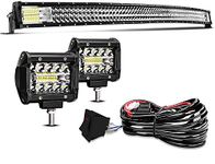 Led Light Bar Curved T-Former 52 Inch 711W Triple Row Offroad Led Work Light Bar Spot Flood Combo Beam + 2 x 4 Inch 60W Led Pods Fog Lights + Wiring Kit For Jeep Hummer Truck SUV Chevy Ford Toyota GMC Nissan Dodge Ram