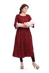 B2F Women's Cotton Rayon A-Line Feeding Kurta Maternity Kurta, Feeding Kurti with Zip Maroon