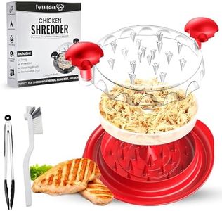 Large Chicken Shredder with Transparent Lid, Brush & Tongs - 10" Handheld Meat Shredder Tool Twist for Chicken, Turkey, Beef, Pork and More - Dishwasher Safe - Vibrant Red