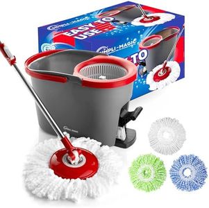 SIMPLI-MAGIC 79349 Spin Mop Cleaning System with 3 Microfiber Mop Heads, Red/GRAY,Red/Black