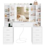 TEENFON 47.2” Large Vanity Desk with 7 Drawers & 15 Open Shelves, Makeup Vanity with 10 LED Lights & Power Outlet, Vanity Desk with Mirror and Lights, Dressing Table for Bedroom, White