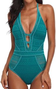 SOCIALA Womens Swimsuits Crochet One Piece Swimsuit Women V Neck Bathing Suits Vintage Swim Suit for Ladies 2025 Blue XL