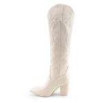 WIRALOMI Women Western Knee High Boots Embroidered Chunky Block Heel Cowboy Boots Pointed Toe Pull on Cowgirl Boots, Beige, 9 US