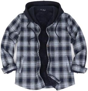 Men's Warm Hooded Flannel Shirt Snap Down Sherpa Lined Plaid Thick Insulated Shacket Jackets Navy White L