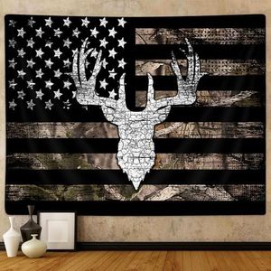 Emwnodti Black Flag Hunting Tapestry, Deer Buckhorn Tapestries Wall Hanging for Men Guys Bedroom, Wall Art Tapestry for Home Dorm Living Room