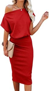 Ezbelle Womens Short Sleeve Solid Color Off The Shoulder Ribbed Work Office Business Cocktail Party Bodycon Pencil Dress Red Medium