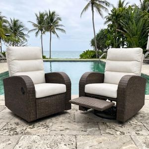 Vakollia Outdoor Swivel Recliner Chair Set of 2, All-Weather Wicker Reclining Patio Chair with Adjustable Backrest and Footrest