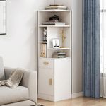 IOTXY Narrow Corner Bookcase with Storage - 59.9" Tall Freestanding Skinny Bookshelf with Door and Drawer, Slim Cabinet for Nook, White