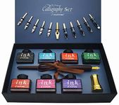 IDEAPOOL Calligraphy Pen Set, 22 pieces – Includes 7 Bottle Inks, 12 Nibs, Wood Dip Pen, Golden Pen Holder and Beginner Introduction Booklet