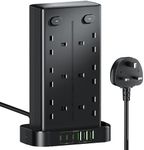 Tower Extension Lead with USB C Slots, 12 Way Multi Plug Socket Extension with 6 USB Ports, Overload Protected Extension Lead with 4 Switch Tower Extension Cable 1.8m for Home Kitchen Office