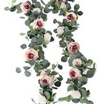 MISSPIN 2pcs Artificial Flowers Garland Eucalyptus Garland Vintage Fake Flower Peony Rose Vine Greenery Decorative Wall Hanging Plant for Wedding Arch Door Arrangement Party Decor (Vintage Pink, 2)