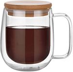 P-PLUS INTERNATIONAL Glass Coffee Mugs - 250ml Double Walled Insulated Mug with Handle, Perfect for Latte, Americano, Cappuccinos, Tea Bag, Beverage with Bamboo lid. (Pack of 1)