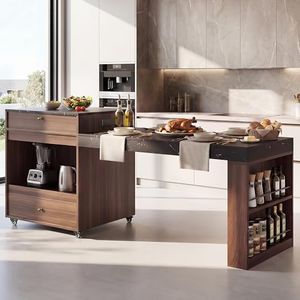 OMCMUU 79" Kitchen Island with 3-Stage Extendable Table, Rolling Island Cart with Power Outlet, Drawers, Storage Cabinet & Locking Wheels, Mobile Dining Table for Small Kitchen or Open Space, Walnut