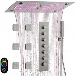 GRANDJOY Luxury LED Shower System, 28" x 16" Ceiling Mount Bluetooth Music Speaker 4 Function Shower Head with 6 Body Jets, Brushed Nickel