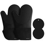 Philorn Silicone Glove Waterproof Heat Resistant Oven Mitts Non-slip with 2 Insulation Pads Long Cotton Cuffs BBQ Baking Smoking Potholders (Black)