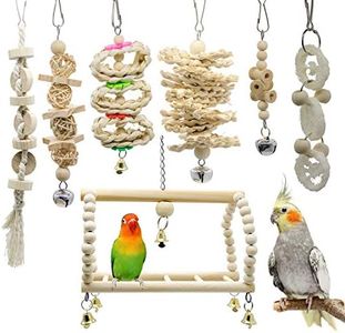 MQUPIN Bird Parrot Swing Chewing Toys- 7 Packs Natural Wood Hanging Bell Bird Cage Toys Suitable for Small Parakeets, Cockatiels, Conures, Finches,Budgie,Macaws, Parrots, Love Birds