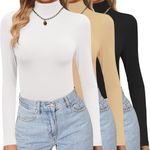 Ekouaer Women's 3 Pack Turtleneck Shirts Long Sleeve Mock Tops Lightweight Basic Layering Thermal Black/White/Khaki XXL