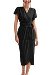 GRACE KARIN Women’s Short Sleeve Summer Cocktail Dress Ladies Black Dress Classic V-Neck Ruffle Slit Wrap Beach Dress XL Size 18