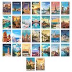 Unquote Vintage Cities Wall Decor Art Posters, Travel City And Countries Poster Famous Places Printed Set Of 30 (10L X 15W) Cm - Home & Room Stickers, 300 Gsm Paper With Double Sided Tape Rol