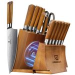 Piklohas Knife Block Set, 15 Pieces Knife Sets with Magnetic Detachable Knife Holder, High Carbon German Steel Damascus Pattern Kitchen Knife Set with Steak Knives, Warmth Series