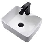 Vessel Sink 16 x 12 Ceramic Bathroom Vessel Sink with Black Faucet and Pop up Drain Combo, Above Counter White Vessel Sink for Lavatory Vanity Cabinet Balcony, Rectangle