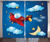 Ambesonne Plane Curtains, Retro Airplane Flying at Night Sky with Moon and Stars Artisan Cartoon Print, Living Room Bedroom Window Drapes 2 Panel Set, 108" X 96", Blue and Red