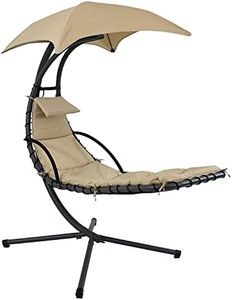 Sunnydaze Floating Chaise Lounger Swing Chair with Umbrella Canopy - Curved Steel Hammock Lounge Chair with Cushion and Pillow - Removable Cushion and Umbrella Shade - 82-Inch Tall - Beige