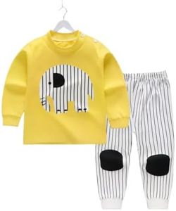 Fommy Baby Clothing Set - Adorable Yellow Elephant T Shirt with Striped Pants |Dress for Boys & Girls| Stylish Kids Dress for Boys | Comfortable Baby Girl Dress (Yellow Elephant, 1-2 Year)