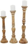 Deco 79 Mango Wood Handmade Decorative Candle Holder Tall Turned Candle Stand, Set of 3 Candlestick Holder 24", 21", 17"H, Brown