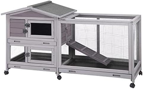 Aivituvin Rabbit Hutch Indoor 62" Cage Outdoor Chicken Coop Guinea Pig Cage on Wheels Bunny Cage with 3 Deep No Leakage Pull Out Tray,Waterproof Roof (Grey)