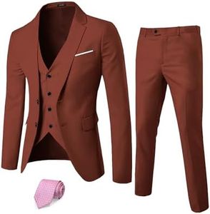 YND Men's Slim Fit 2 Button 3 Piece Suit Set, Blazer Jacket Vest Pants and Tie, Solid Wedding Dress Tux and Trousers Brick Red