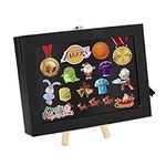 Dustproof Pin Display Case PU Leather 8''x6'' Pin Display Board Shadow Box Frame with Hooks and Wood Frame For Enamel Pin, Military Medals, Jewelry Pins, Pin Badge Collection, Rings, Necklaces (Black)