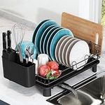 Romision Dish Drying Rack with Drain Board, Stainless Steel Dish Racks for Small Kitchen, Durable Dish Drainer with Utensil Holder, Cup Holder and Extra Drying Mat (Black)