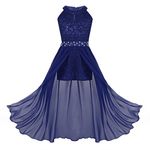 CHICTRY Girls Junior Halter Lace Bodice with Chiffon Overlay Prom Bridesmaid Wedding Gown Maxi Romper Dress Blue 11-12 Years