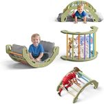 COSYLAND Kids Climber Arch Rocker with Cushion - Solid Wood Indoor Pikler Climbing Toys for Toddler with Handrails - Scentless Indoor Playground Arch Climbing Ladder (Green Frame, Rainbow Sticks)