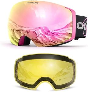 Odoland Magnetic Interchangeable Ski Goggles with 2 Lens, Large Spherical Frameless Snow Snowboard Goggles for Men Women, Pink Frame Pink Lens