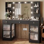 IFSEB Makeup Vanity with Glass Top, Black Vanity Desk with Mirror and Lights, Big Vanity with Drawers & Cabinets for Bedroom, Cute Vanity with Crystal Knobs & Power Outlet for Women, Girls