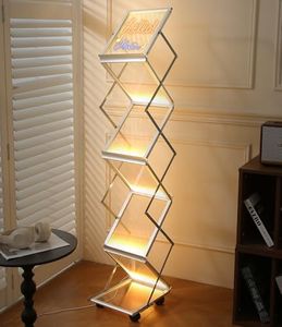 LOKSHUN Magazine Rack, 6 Pockets LED Foldable Aluminum Brochure Display Stand, Lighted Floor Standing Magazine Holder with Wheels & Carrying Bag for Trade Show, Exhibition, Menu, Office, Store